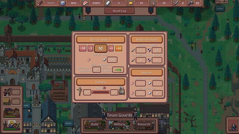 Gameplay scene showing a medieval kingdom with defensive structures