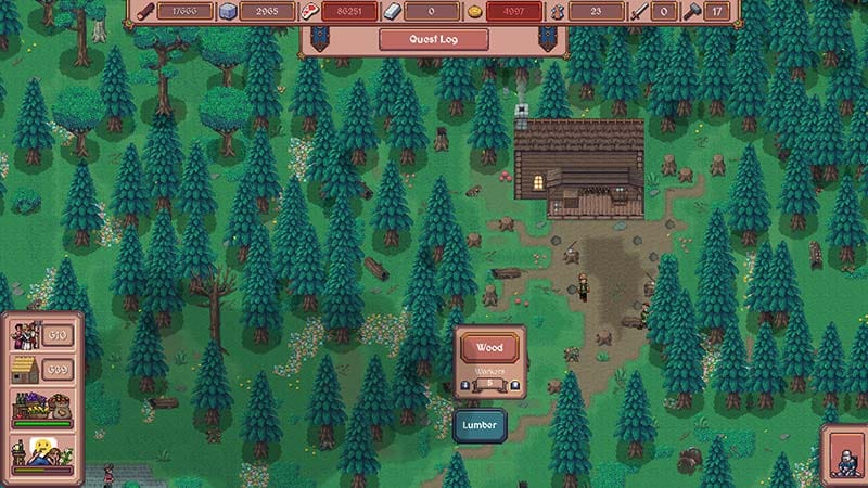 Gameplay scene showing workers and buildings in a medieval settlement