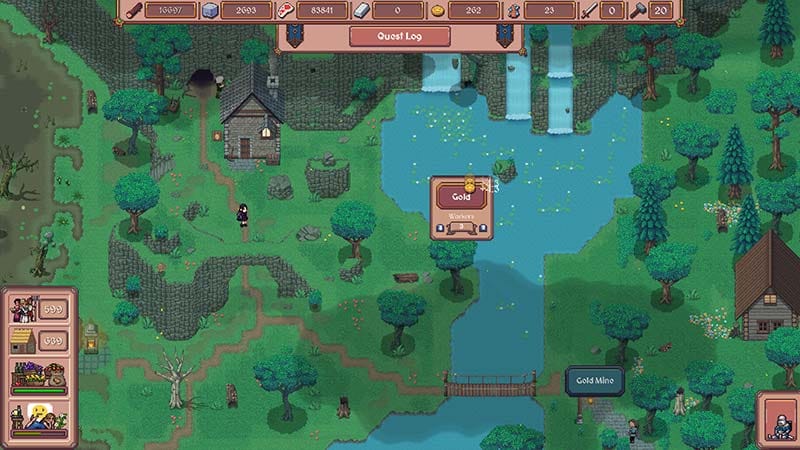 Gameplay scene showing buildings and resource management in a medieval settlement