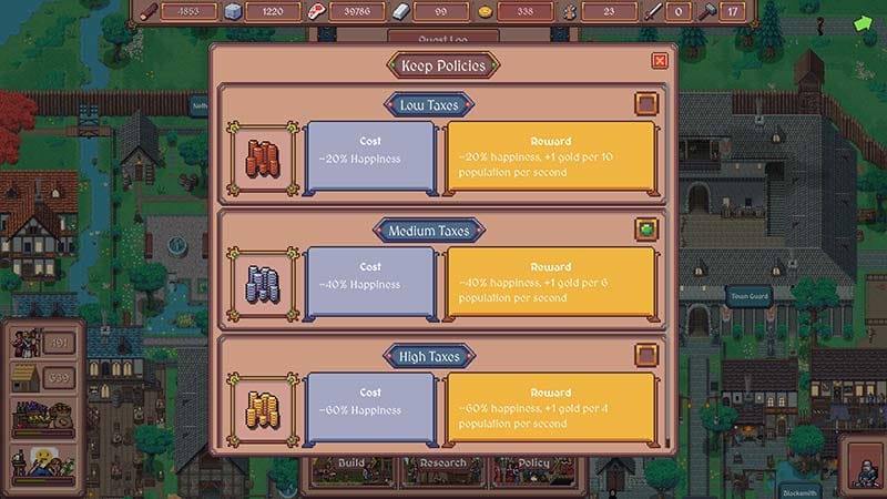 Gameplay view featuring a medieval settlement and surrounding fantasy environment