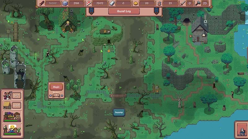 Gameplay scene showing a developing kingdom with medieval buildings