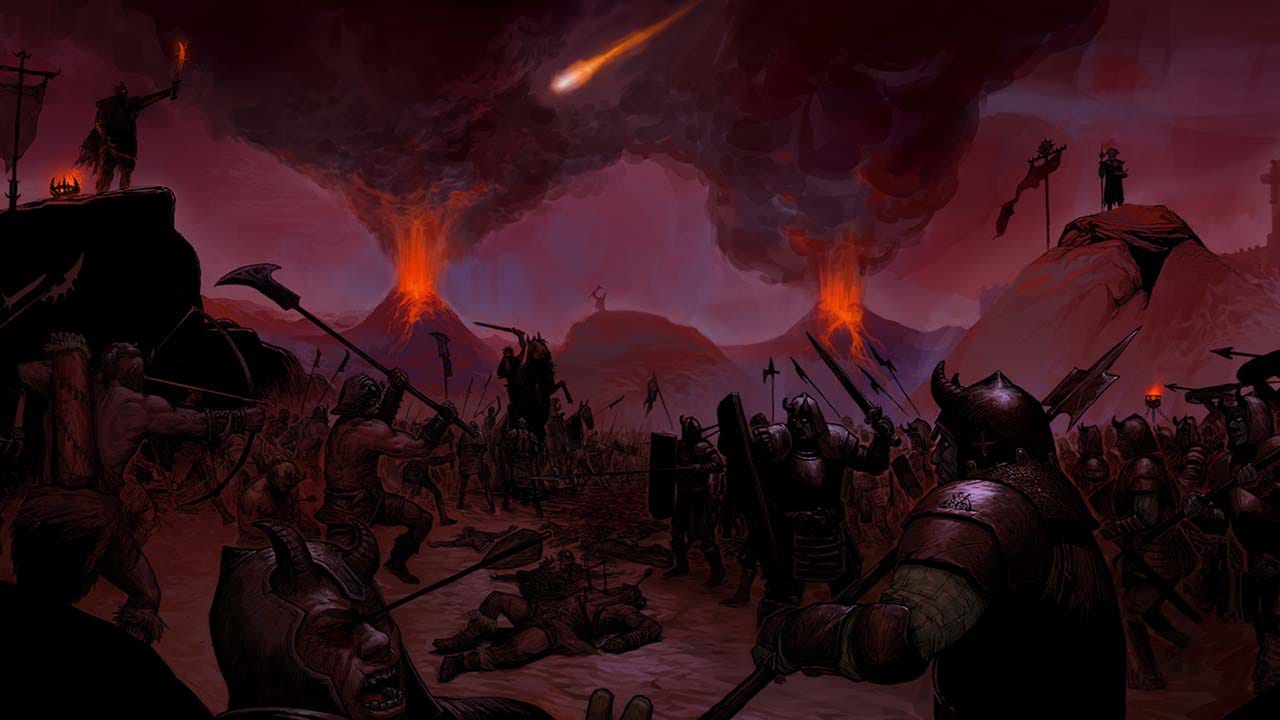 Dark fantasy landscape with ruined settlements and a world scarred by demonic warfare