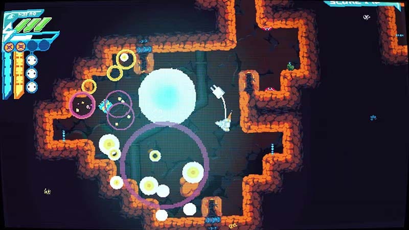 Top-down gameplay showing ship tethered to an energy socket in space
