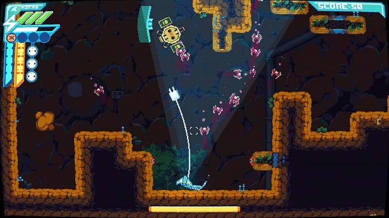 Combat scene with movement limited by tether cable while fighting enemies