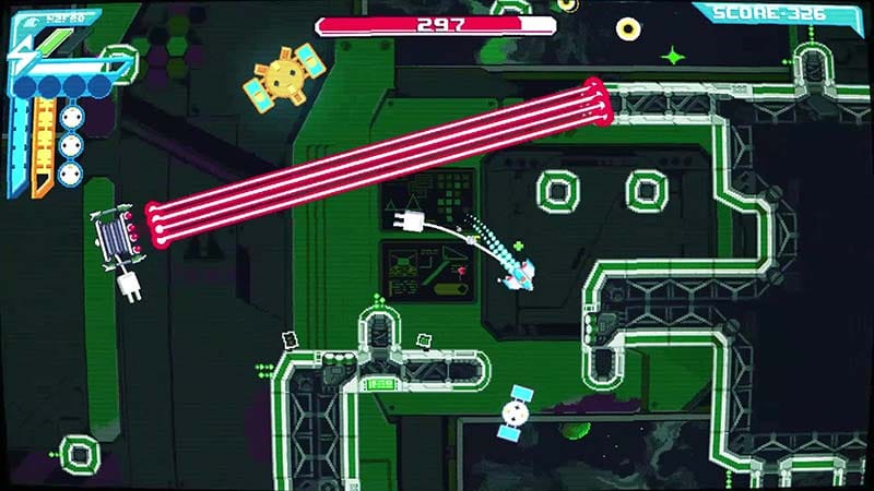 Boss fight against a large enemy ship with attack patterns