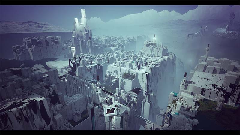 First-person gameplay scene inside a surreal Lovecraftian megastructure