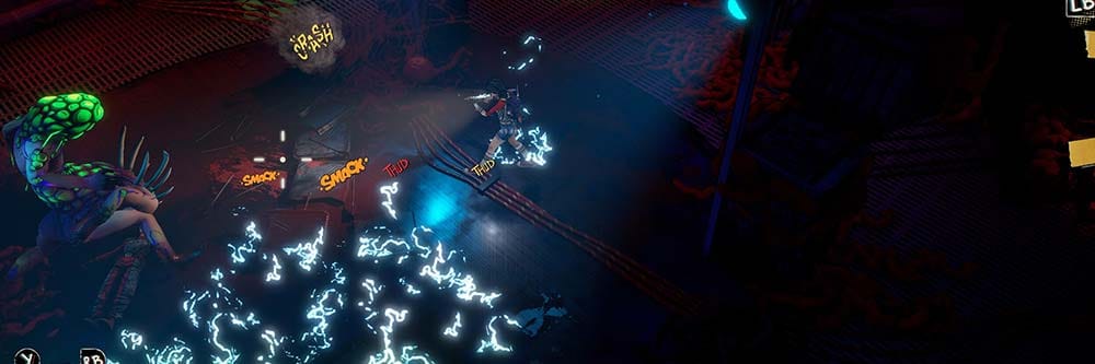 Game character aiming and shooting electrical energy from her weapon