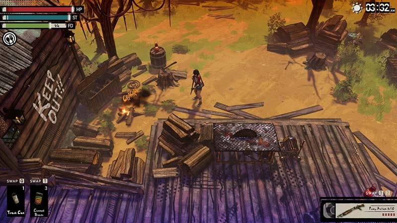 Main character standing outdoors holding a gun near scattered wood scraps