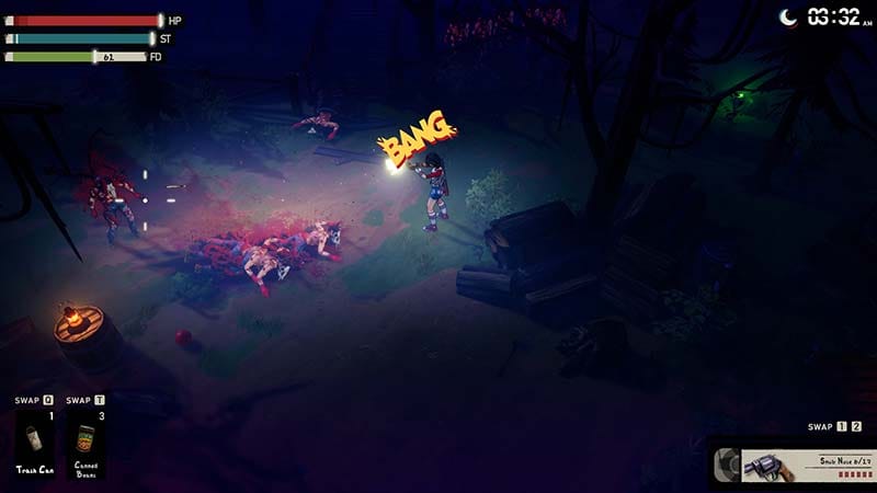 Character firing a gun with the word 'Bang' above her head