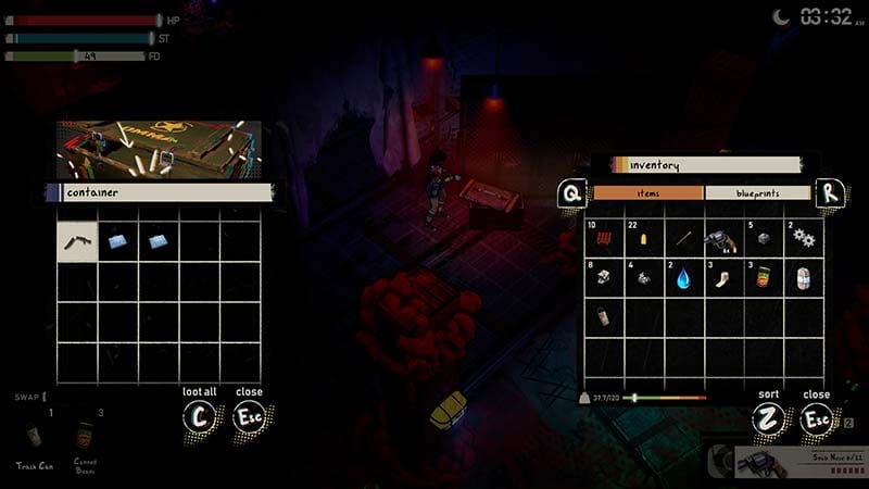 Game inventory screen displaying weapons and items