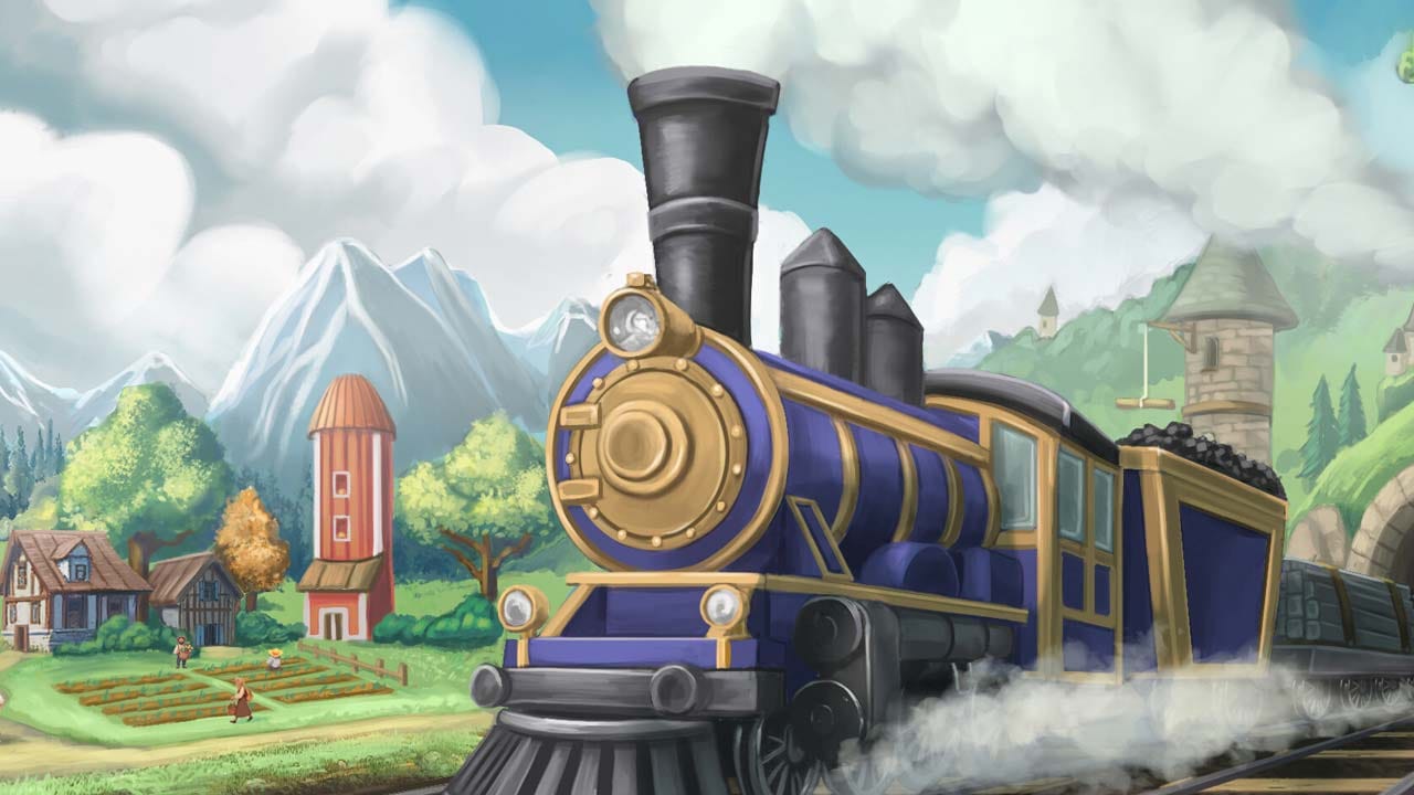 Pixel art village environment with rail tracks, farms, and small buildings