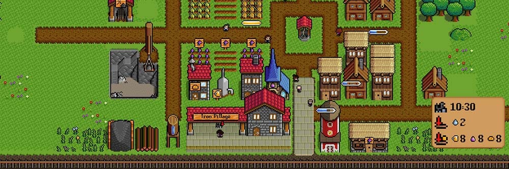 Wide banner showing a pixel village with railway systems and resource buildings