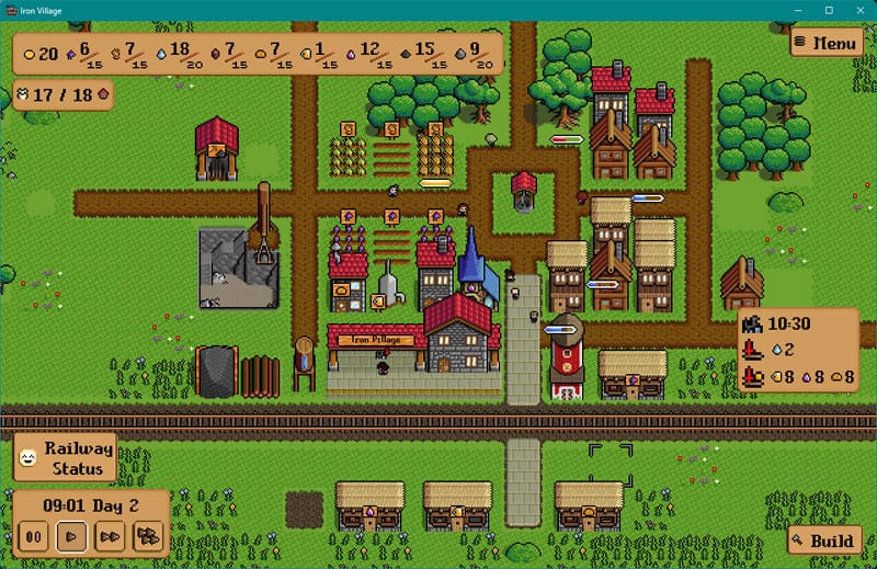 Gameplay scene showing village layout with houses, farms, and rail connections
