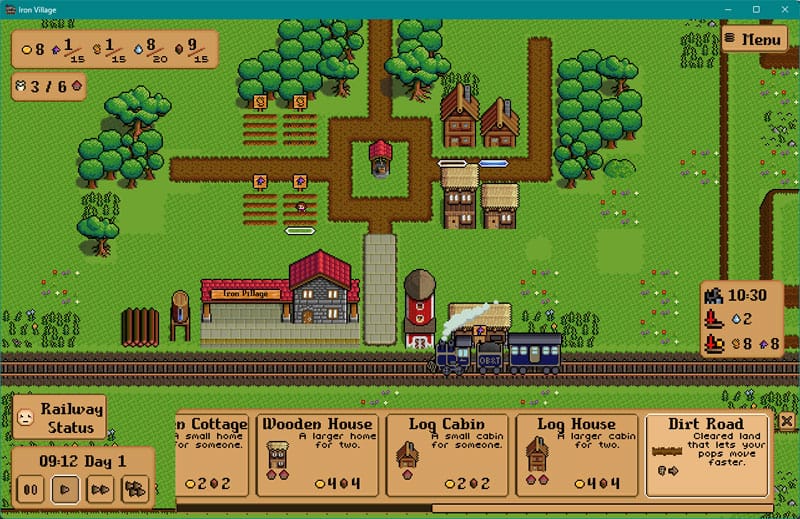 Gameplay view showing trains arriving at a village trading station