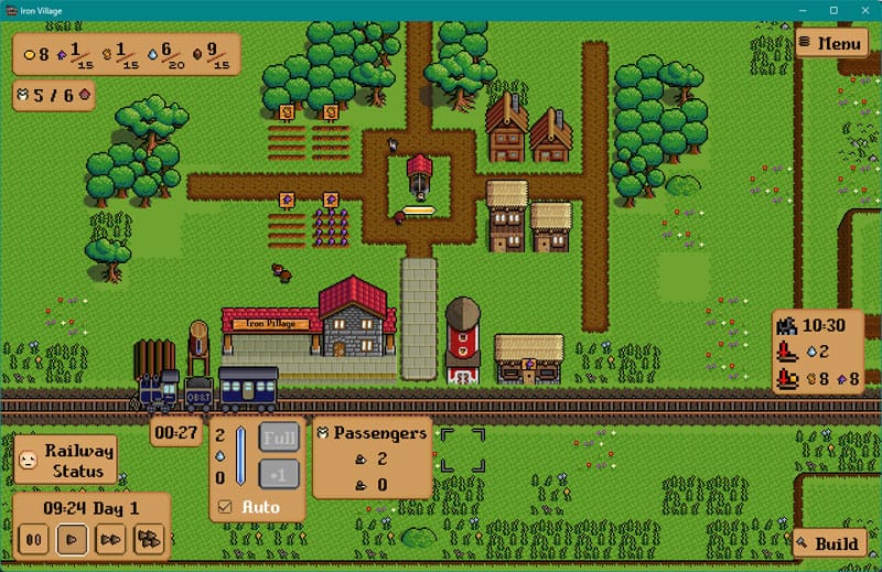 Menu interface with building options and village management tools