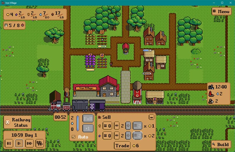 Village scene with farms, warehouses, and connected rail tracks