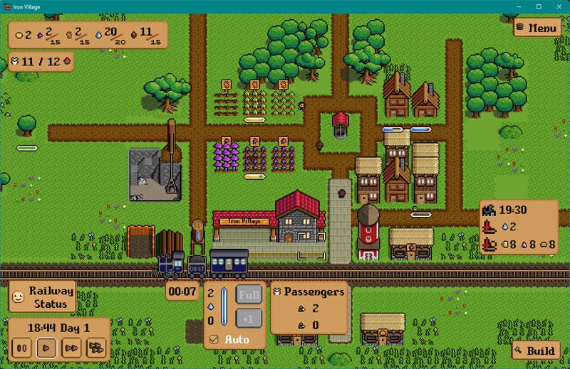 Wide view of village expansion with multiple buildings and rail lines