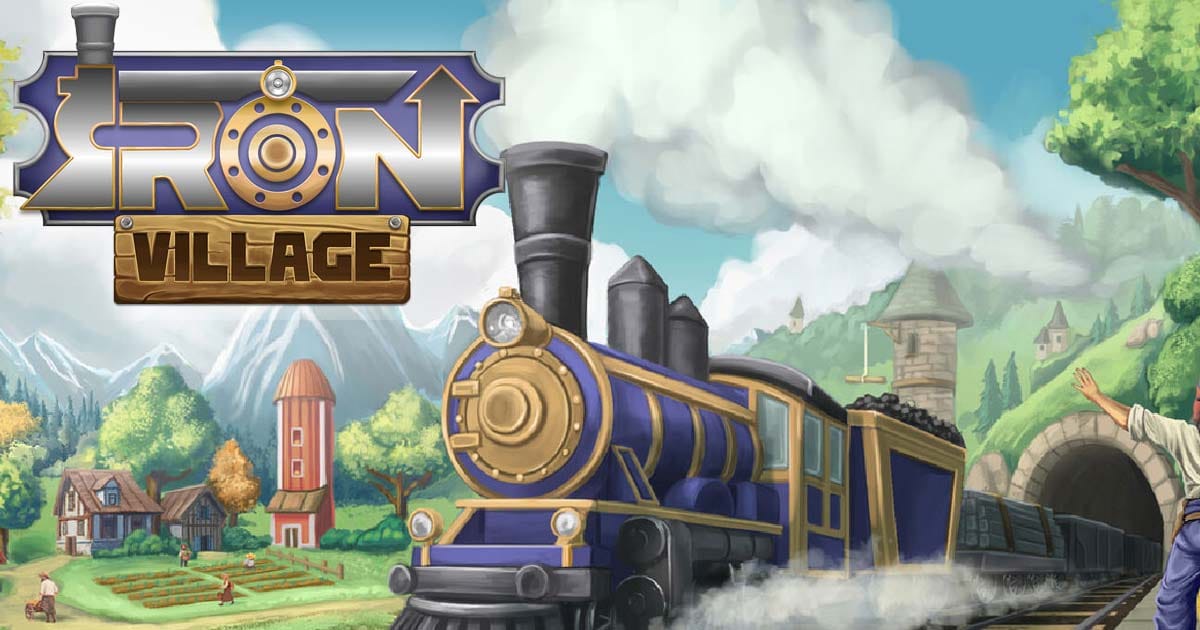 Promotional scene showing a growing village connected by an active railway system