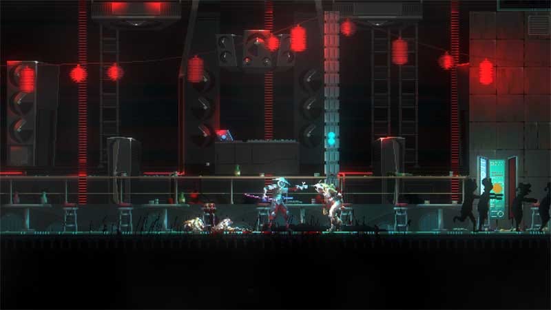 Combat encounter in Katanaut featuring melee attacks against mutated enemies.