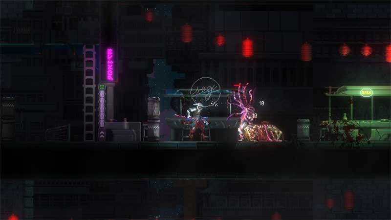 Pixel art visual style in Katanaut highlighting atmospheric space design.