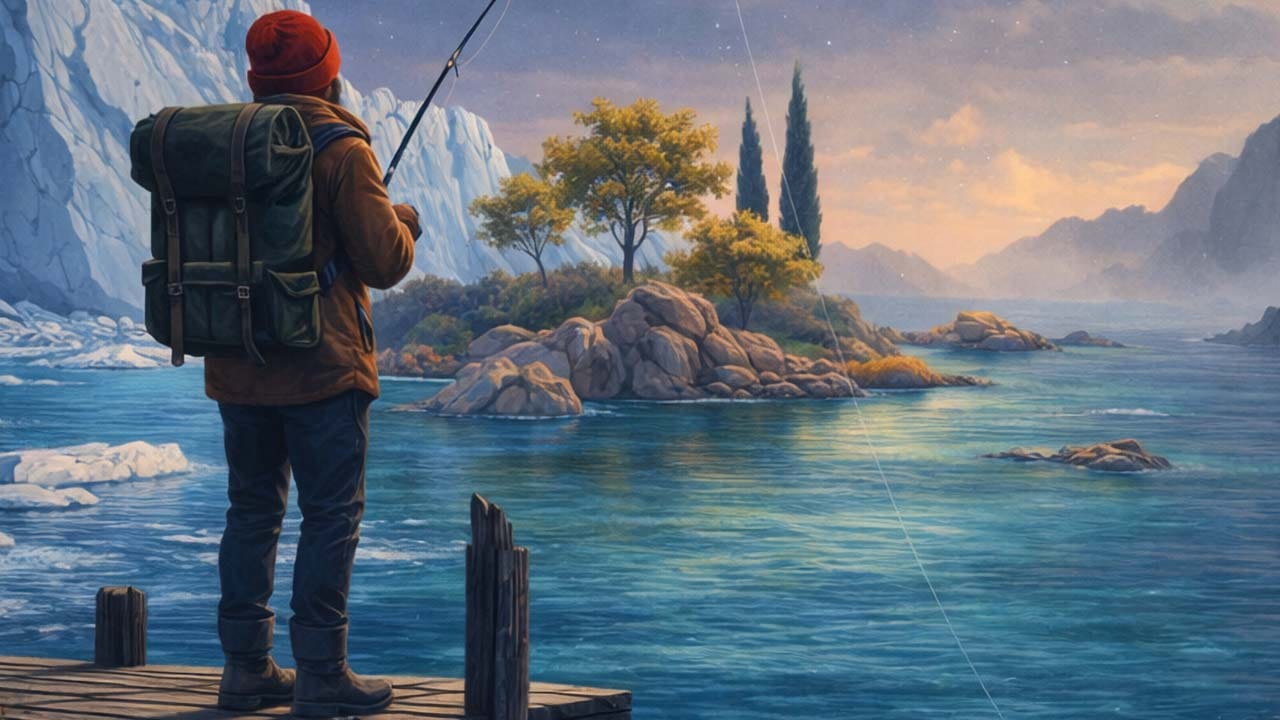 Peaceful ocean scene with small islands and a boat in a stylized 3D environment
