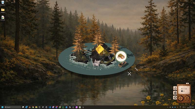 Gameplay scene showing a boat fishing automatically near a small island