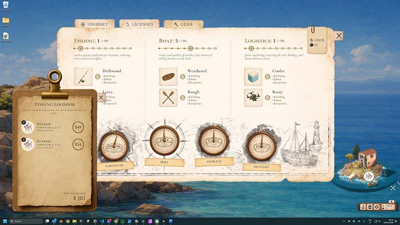 Interface screen showing upgrade options for boat, rod, and storage capacity