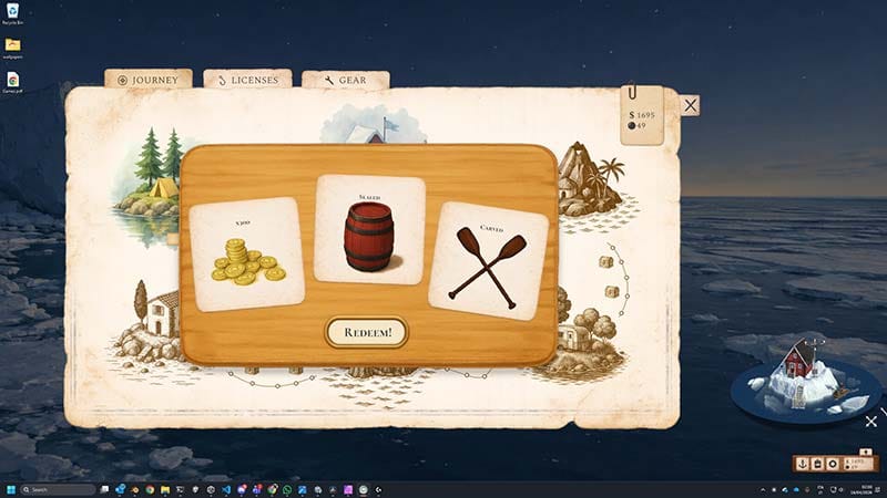 Interface screen displaying inventory, collected fish, and progression elements