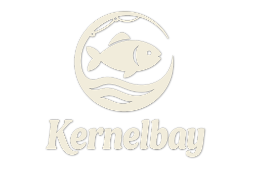 Kernelbay logo displayed over a calm ocean-themed background with soft island elements