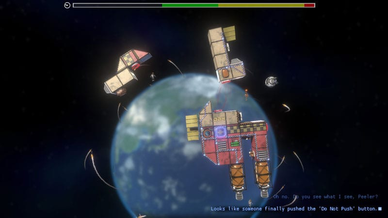 Zero-gravity construction scene with color-coded connectors linking ship modules