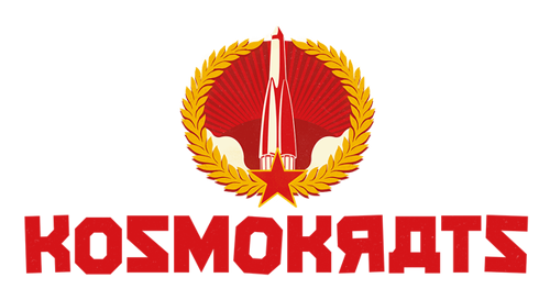 Kosmokrats logo styled as a retro-futuristic Soviet-inspired space program emblem