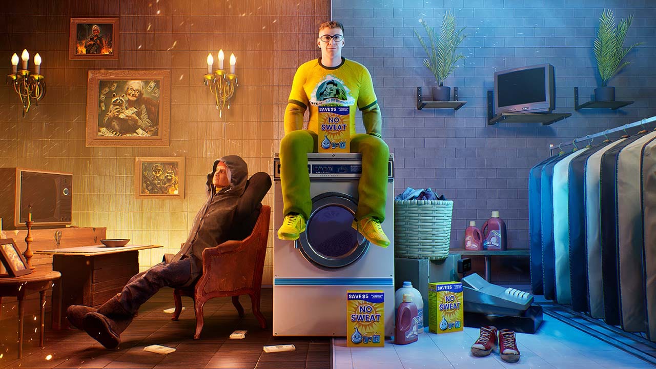 Interior laundromat scene with machines and hidden workshop environment in the background