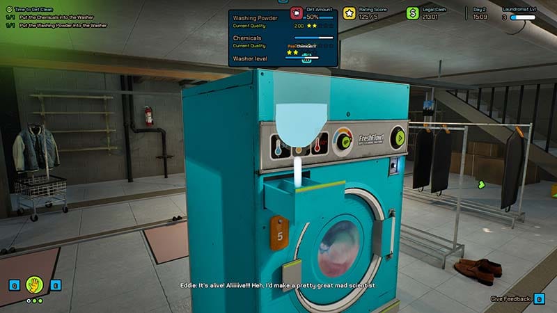 Gameplay scene managing laundromat machines and customer activity in a business simulation
