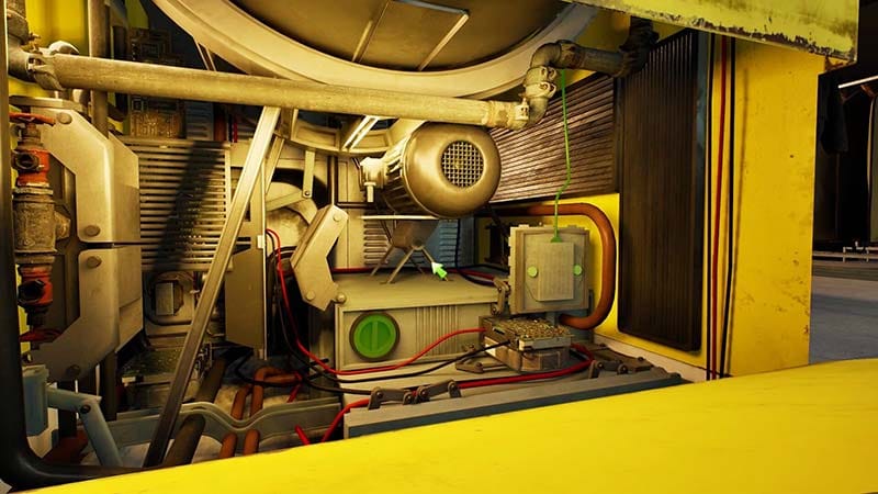 Exploration scene navigating interior spaces tied to a dual business operation