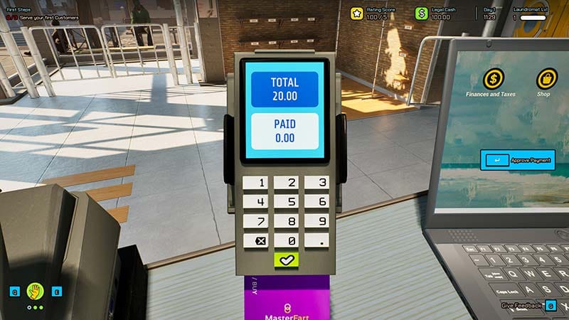 Gameplay view exploring the business layout connecting laundromat and hidden workspace