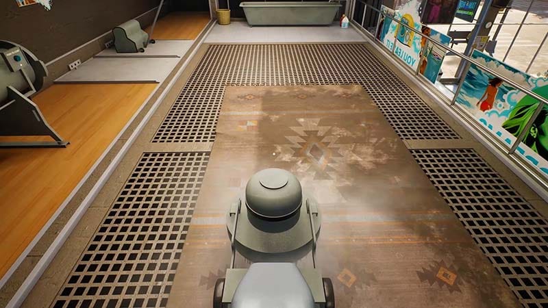 Wide gameplay scene showing combined laundromat and hidden operation environment