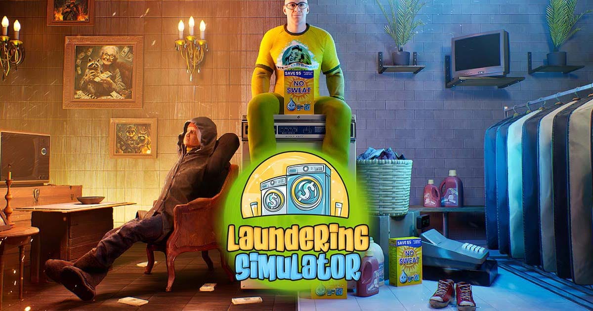 Promotional image showing a laundromat front with a secret counterfeiting operation behind