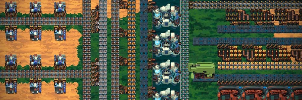 Wide view of a sprawling Martian automation factory with layered logistics systems