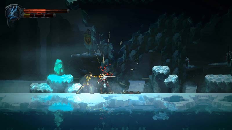 2D action platformer combat gameplay with enemies and environmental hazards