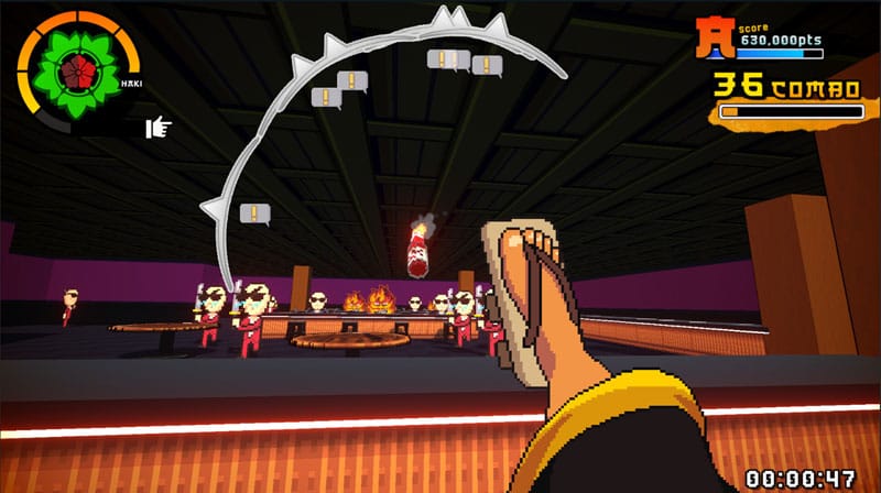 First-person 3D combat through industrial corridor with sword and gun play
