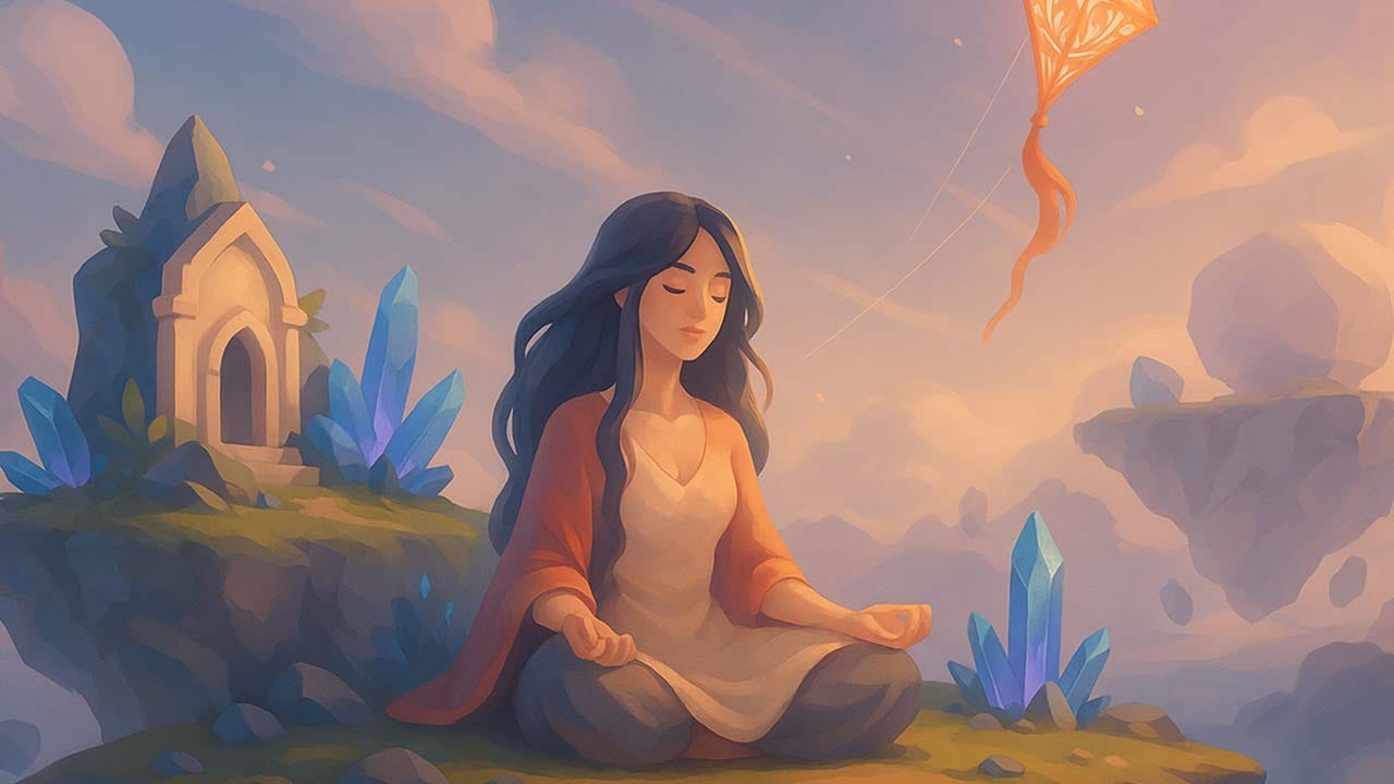 Floating abstract dreamlike world with skies and fragmented emotional landscapes