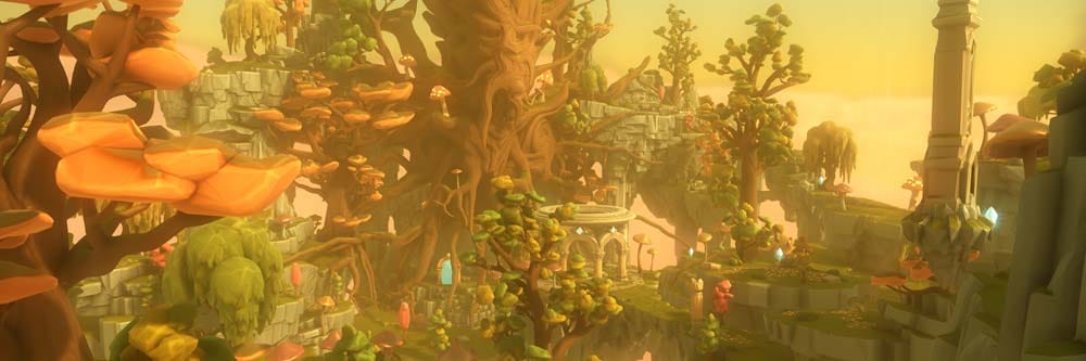 Wide cinematic view of floating abstract landscapes in a meditative flying adventure