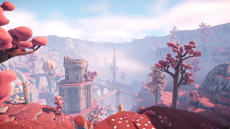 Gameplay scene showing fluid kite based flight through a surreal floating environment