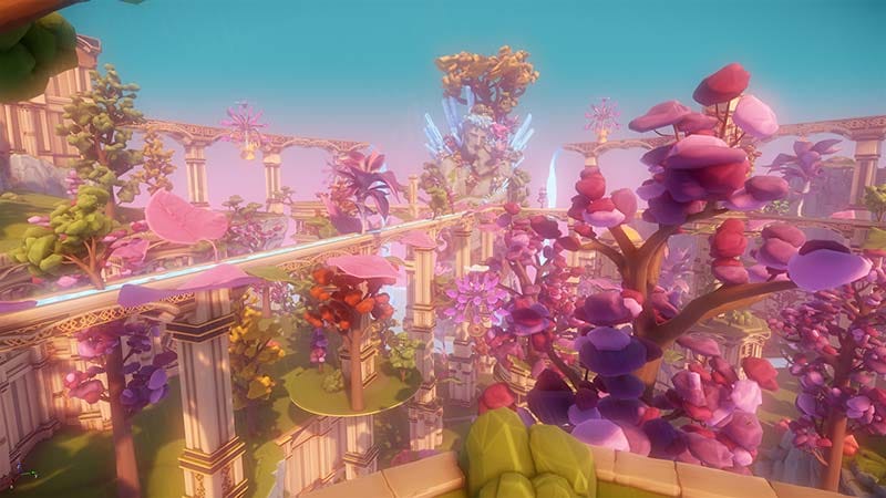 Relaxing exploration scene with slow flight through colorful surreal terrain