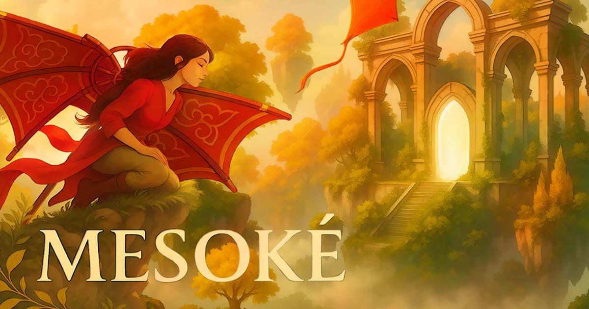 Medating woman gliding through surreal skies in Mesoké atmospheric flying game key art