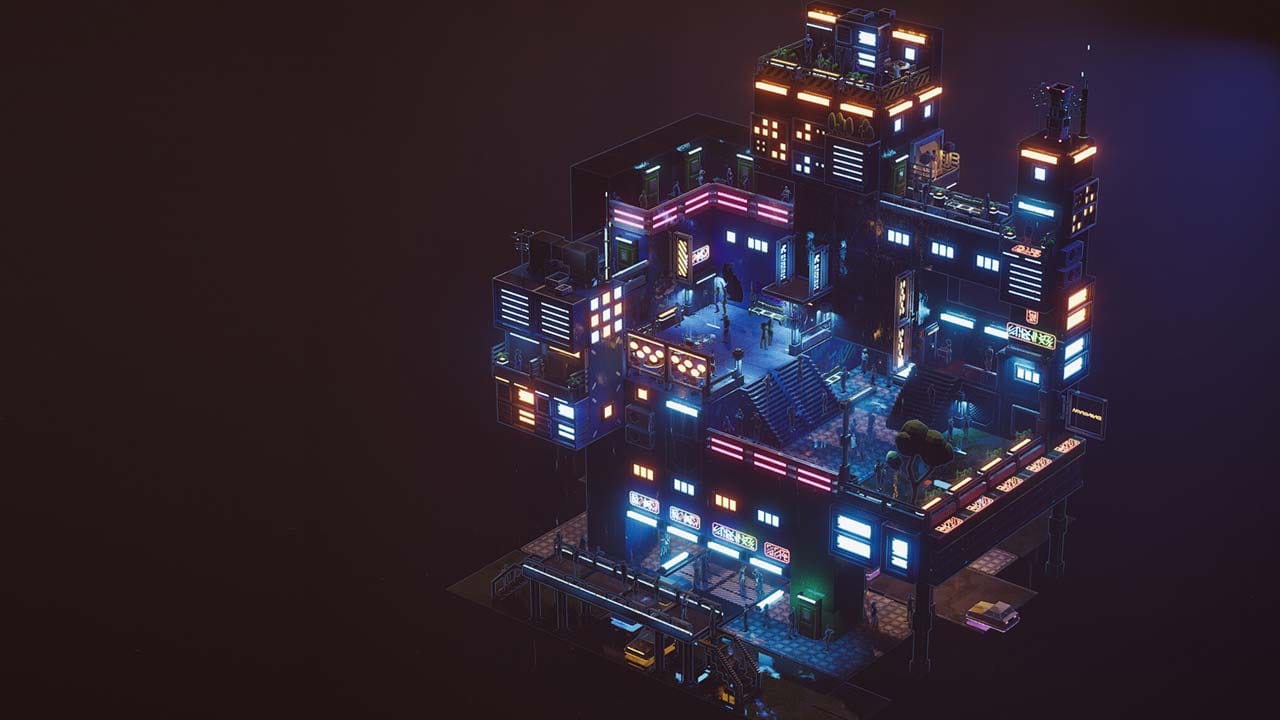 Rain-soaked cyberpunk neighbourhood with glowing buildings and neon-lit streets