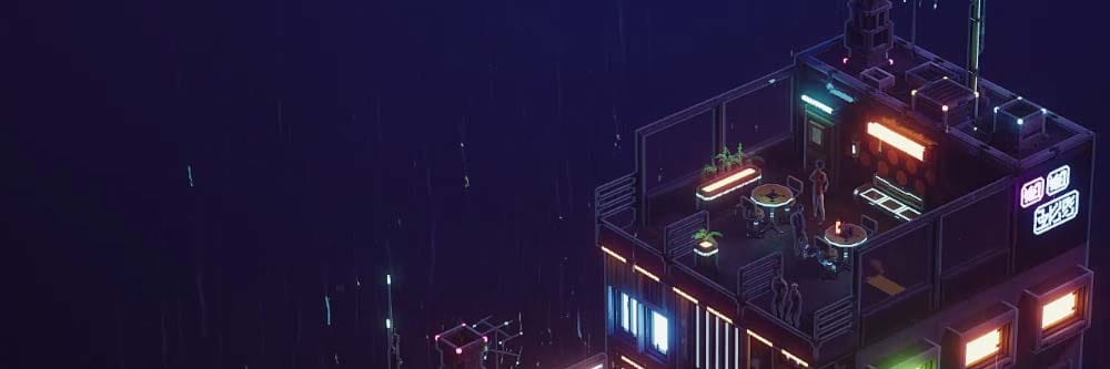 Wide banner showing a glowing cyberpunk neighbourhood with stacked buildings and neon signs