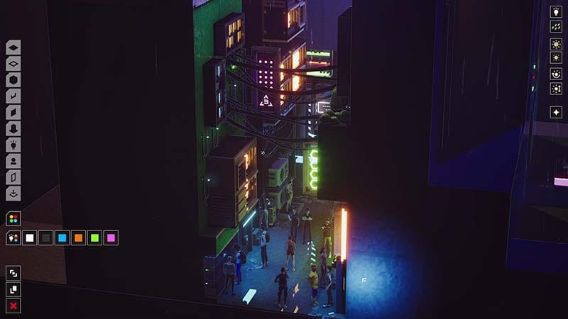 Gameplay scene showing a compact cyberpunk neighbourhood under rain and neon lighting