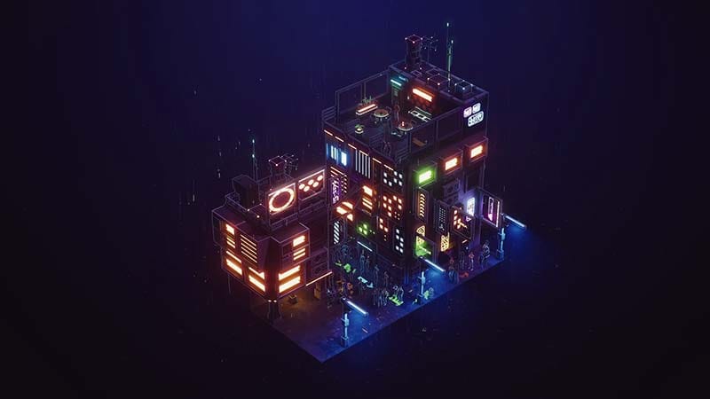 Game interface screen displaying a cyberpunk diorama-building environment