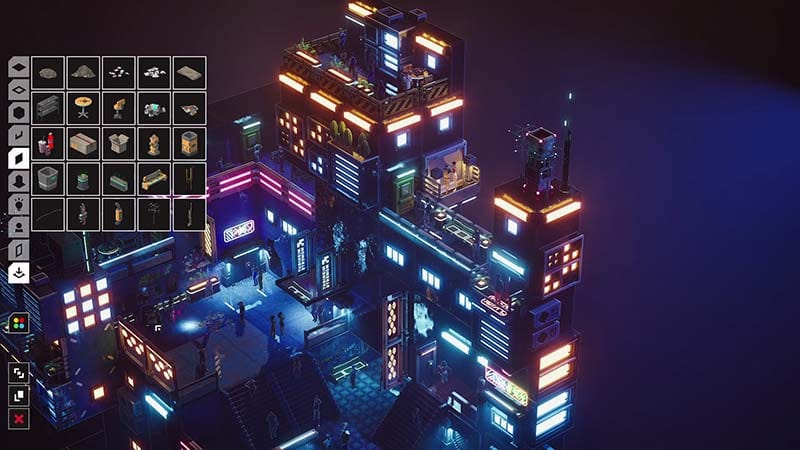 Gameplay view showing stacked buildings and alleyways in a cyberpunk scene